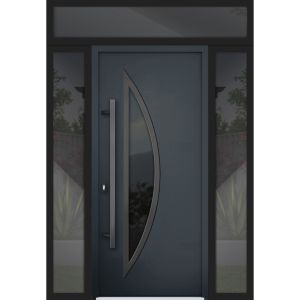 Front Exterior Prehung Steel Door / Deux 6501 Black / 2 Sidelight and Transom Window / Stainless Inserts Single Modern Painted-W12+36+12" x H80+16"-Right-hand Inswing