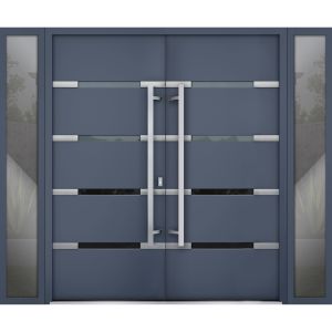 Front Exterior Prehung Steel Double Doors / Deux 1105 Gray Graphite / 2 Sidelight Exterior Windows / Stainless Inserts Single Modern Painted-W12+72+12" x H80"