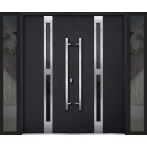 Front Exterior Prehung Steel Double Doors / Deux 1755 Black Enamel / 2 Sidelight Exterior Windows / Stainless Inserts Single Modern Painted-W12+72+12" x H80"