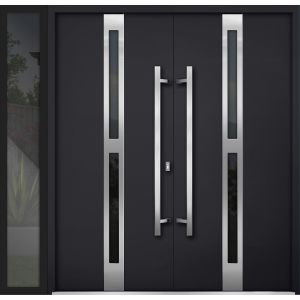Front Exterior Prehung Steel Double Doors / Deux 1755 Black Enamel / Sidelight Exterior Window / Stainless Inserts Single Modern Painted-W72+12" x H80"