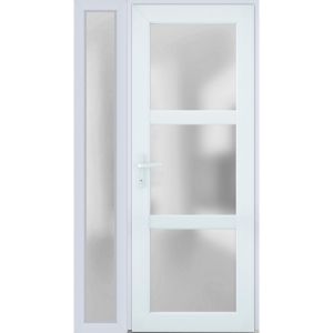 Front Exterior Prehung FiberGlass Door Frosted Glass / Manux 8552 White Silk / Sidelight Exterior Window /  Office Commercial and Residential Doors Entrance Patio Garage-W36+12" x H80"-Right-hand Inswing