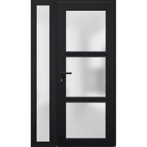 Front Exterior Prehung FiberGlass Door Frosted Glass / Manux 8552 Matte Black / Sidelight Exterior Window /  Office Commercial and Residential Doors Entrance Patio Garage-W36+12" x H80"-Right-hand Inswing