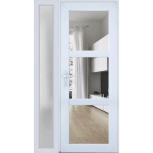 Front Exterior Prehung FiberGlass Door Clear Glass See-through / Manux 8555 White Silk Clear Glass / Sidelight Exterior Window /  Office Commercial and Residential Doors Entrance Patio Garage-W36+12" x H80"-Right-hand Inswing