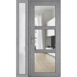 Front Exterior Prehung FiberGlass Door Clear Glass See-through / Manux 8555 Grey Ash Clear Glass / Sidelight Exterior Window /  Office Commercial and Residential Doors Entrance Patio Garage-W36+12" x H80"-Right-hand Inswing