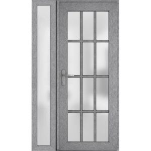 Front Exterior Prehung FiberGlass Door Frosted Glass / Manux 8312 Grey Ash / Sidelight Exterior Window /  Office Commercial and Residential Doors Entrance Patio Garage-W36+12" x H80"-Right-hand Inswing