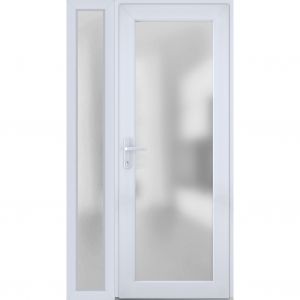 Front Exterior Prehung FiberGlass Door Frosted Glass / Manux 8102 White Silk / Sidelight Exterior Window /  Office Commercial and Residential Doors Entrance Patio Garage-W30+12" x H80"-Right-hand Inswing