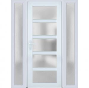 Front Exterior Prehung FiberGlass Door Frosted Glass / Manux 8002 White Silk / 2 Sidelight Exterior Windows / Office Commercial and Residential Doors Entrance Patio Garage-W12+36+12" x H80"-Right-hand Inswing