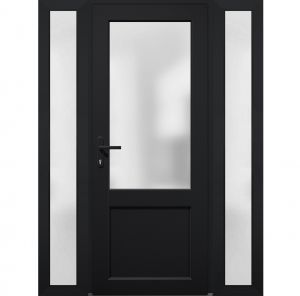 Front Exterior Prehung FiberGlass Door Frosted Glass / Manux 8422 Matte Black / 2 Sidelight Exterior Windows / Office Commercial and Residential Doors Entrance Patio Garage-W12+36+12" x H80"-Right-hand Inswing