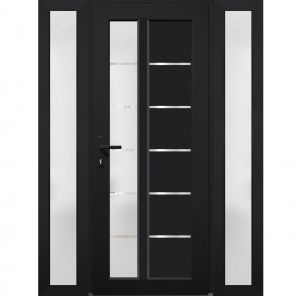 Front Exterior Prehung FiberGlass Door Frosted Glass / Manux 8088 Matte Black / 2 Sidelight Exterior Windows / Office Commercial and Residential Doors Entrance Patio Garage-W12+36+12" x H80"-Right-hand Inswing