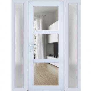 Front Exterior Prehung FiberGlass Door Clear Glass See-through / Manux 8555 White Silk Clear Glass / 2 Sidelight Exterior Windows / Office Commercial and Residential Doors Entrance Patio Garage-W12+36+12" x H80"-Right-hand Inswing
