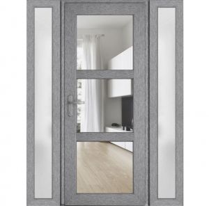 Front Exterior Prehung FiberGlass Door Clear Glass See-through / Manux 8555 Grey Ash Clear Glass / 2 Sidelight Exterior Windows / Office Commercial and Residential Doors Entrance Patio Garage-W12+36+12" x H80"-Right-hand Inswing