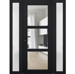 Front Exterior Prehung FiberGlass Door Clear Glass See-through / Manux 8555 Matte Black Clear Glass / 2 Sidelight Exterior Windows / Office Commercial and Residential Doors Entrance Patio Garage-W12+36+12" x H80"-Right-hand Inswing