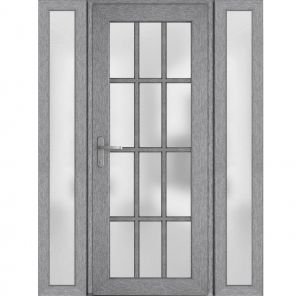Front Exterior Prehung FiberGlass Door Frosted Glass / Manux 8312 Grey Ash / 2 Sidelight Exterior Windows / Office Commercial and Residential Doors Entrance Patio Garage-W12+36+12" x H80"-Right-hand Inswing