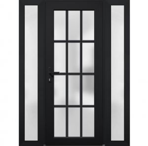 Front Exterior Prehung FiberGlass Door Frosted Glass / Manux 8312 Matte Black / 2 Sidelight Exterior Windows / Office Commercial and Residential Doors Entrance Patio Garage-W12+36+12" x H80"-Right-hand Inswing