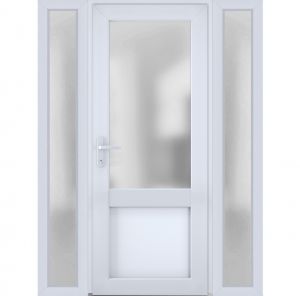 Front Exterior Prehung FiberGlass Door Frosted Glass / Manux 8422 White Silk / 2 Sidelight Exterior Windows / Office Commercial and Residential Doors Entrance Patio Garage-W12+36+12" x H80"-Right-hand Inswing