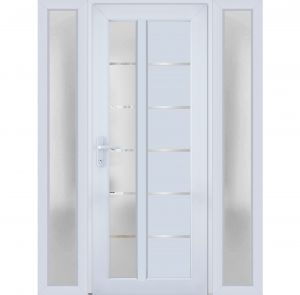 Front Exterior Prehung FiberGlass Door Frosted Glass / Manux 8088 White Silk / 2 Sidelight Exterior Windows / Office Commercial and Residential Doors Entrance Patio Garage-W12+36+12" x H80"-Right-hand Inswing