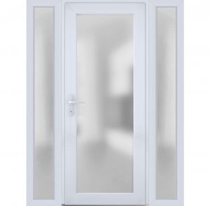 Front Exterior Prehung FiberGlass Door Frosted Glass / Manux 8102 White Silk / 2 Sidelight Exterior Windows / Office Commercial and Residential Doors Entrance Patio Garage-W12+30+12" x H80"-Right-hand Inswing
