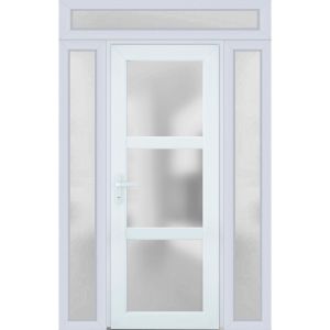 Front Exterior Prehung FiberGlass Door Frosted Glass / Manux 8552 White Silk / 2 Sidelight and Transom Window / Office Commercial and Residential Doors Entrance Patio Garage-W14+36+14" x H80+14"-Right-hand Inswing