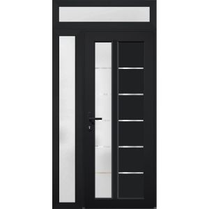 Front Exterior Prehung FiberGlass Door Frosted Glass / Manux 8088 Matte Black / Sidelight and Transom Window / Office Commercial and Residential Doors Entrance Patio Garage-W36+12" x H80+14"-Right-hand Inswing