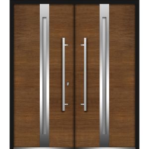 Front Exterior Prehung Steel Double Doors / Deux 1744 Natural Oak / Stainless Inserts Single Modern Painted
