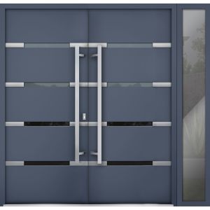 Front Exterior Prehung Steel Double Doors / Deux 1105 Gray Graphite / Sidelight Exterior Window / Stainless Inserts Single Modern Painted-W72+12" x H80"