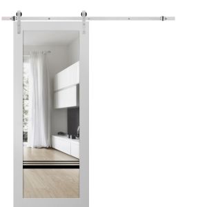 Sturdy Barn Door | Lucia 2666 White Silk with Clear Glass and Aluminum Strips | 6.6FT Silver Rail Hangers Heavy Hardware Set | Modern Solid Panel Interior Doors