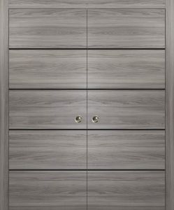 Sliding Double Pocket Door with Frames | Planum 0015 Ginger Ash and Aluminum Strips | Kit Trims Rail Hardware | Solid Wood Interior Bedroom Bathroom Closet Sturdy Doors