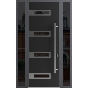 Front Exterior Prehung Steel Door / Ronex 0131 Black Enamel 96" / 2 Sidelight Exterior Windows Sidelites/ Stainless Inserts Entry Metal Modern Painted W12+36+12" x H96" Left hand Inswing