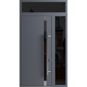 Front Exterior Prehung Steel Door / Ronex 1011 Grey 96" / Sidelight and Transom Window Sidelite / Stainless Inserts Entry Metal Modern Painted W36+12" x H96+16" Left hand Inswing