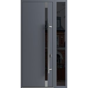 Front Exterior Prehung Steel Door / Ronex 1011 Grey 96" / Sidelight Exterior Window Sidelite / Stainless Inserts Entry Metal Modern Painted W36+12" x H96" Left hand Inswing