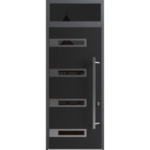 Front Exterior Prehung Steel Door / Ronex 0131 Black Enamel 96" / Transom Window Sidelite / Stainless Inserts Entry Metal Modern Painted W36" x H96+16" Left hand Inswing
