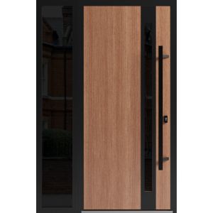Front Exterior Prehung Steel Door / Ronex 1033 Teak / Sidelight Exterior Window Sidelite / Entry Metal Modern Painted W36+12" x H80" Left hand Inswing