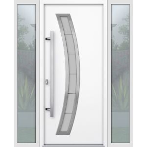 Front Exterior Prehung Steel Door / Deux 6500 White / 2 Sidelight Exterior Windows / Stainless Inserts Single Modern Painted-W12+36+12" x H80"-Right-hand Inswing