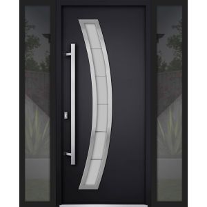 Front Exterior Prehung Steel Door / Deux 6500 Black / 2 Sidelight Exterior Windows / Stainless Inserts Single Modern Painted-W12+36+12" x H80"-Right-hand Inswing