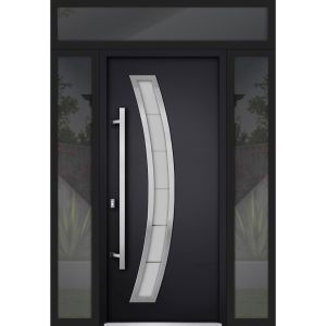 Front Exterior Prehung Steel Door / Deux 6500 Black / 2 Sidelight and Transom Window / Stainless Inserts Single Modern Painted-W12+36+12" x H80+16"-Right-hand Inswing
