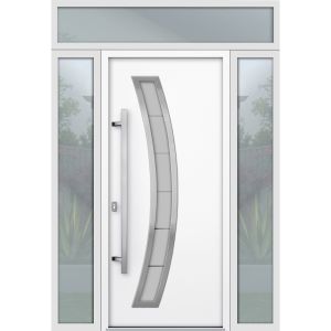 Front Exterior Prehung Steel Door / Deux 6500 White / 2 Sidelight and Transom Window / Stainless Inserts Single Modern Painted-W12+36+12" x H80+16"-Right-hand Inswing