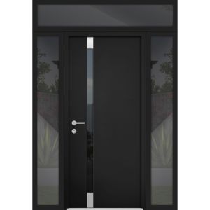 Front Exterior Prehung Steel Door / Cynex 6777 Black / 2 Sidelight and Transom Window / Stainless Inserts Single Modern Painted-W12+36+12" x H80+16"-Right-hand Inswing