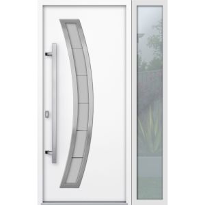 Front Exterior Prehung Steel Door / Deux 6500 White / Sidelight Exterior Window /  Stainless Inserts Single Modern Painted-W36+12" x H80"-Right-hand Inswing