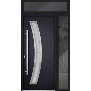 Front Exterior Prehung Steel Door / Deux 6500 Black / Sidelight and Transom Window / Stainless Inserts Single Modern Painted-W36+12" x H80+16"-Right-hand Inswing