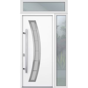Front Exterior Prehung Steel Door / Deux 6500 White / Sidelight and Transom Window / Stainless Inserts Single Modern Painted-W36+12" x H80+16"-Right-hand Inswing