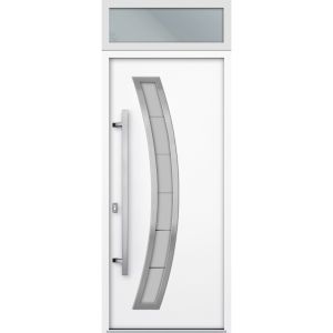 Front Exterior Prehung Steel Door / Deux 6500 White / Transom Window / Stainless Inserts Single Modern Painted-W36" x H80+16"-Right-hand Inswing