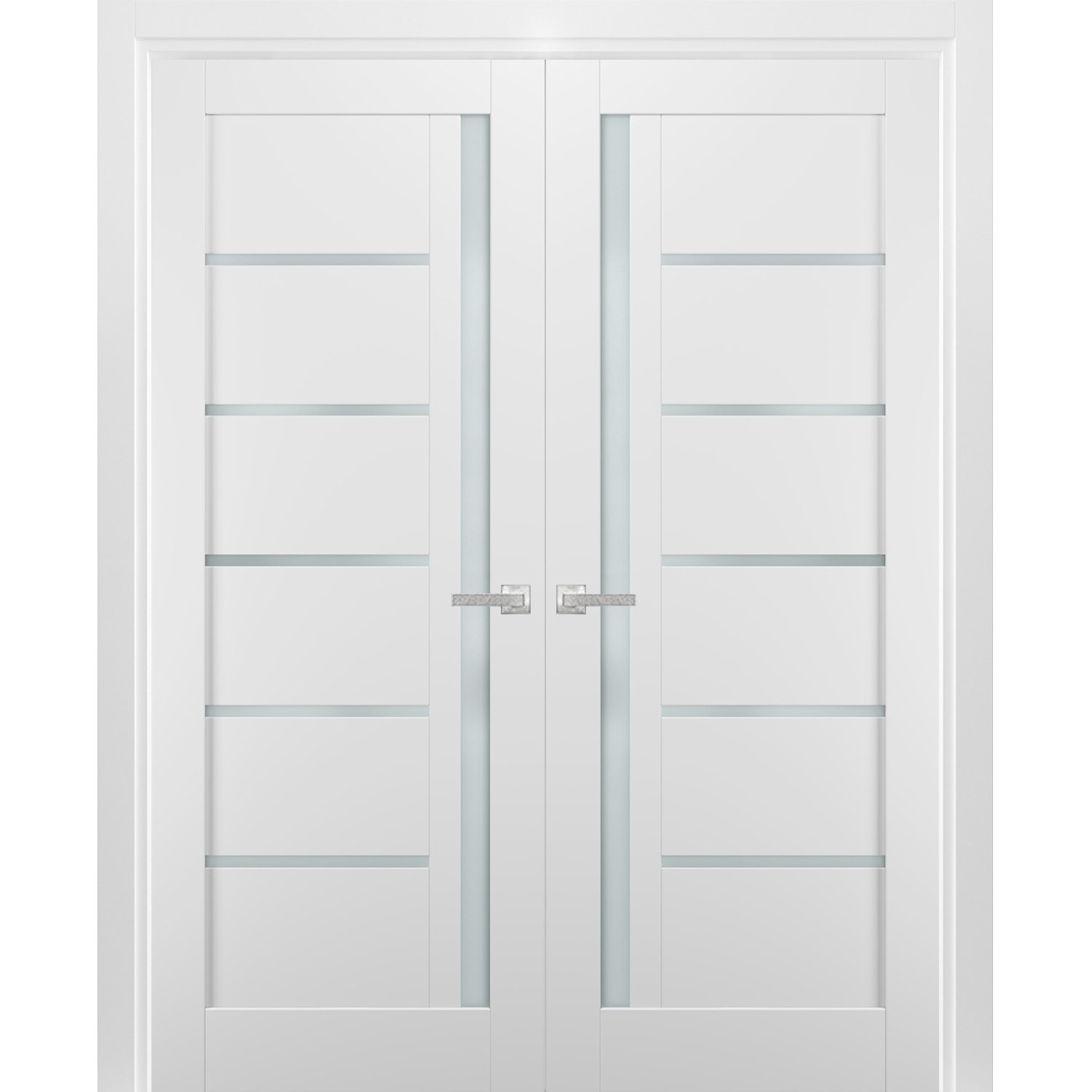 Solid French Double Doors | Quadro 4588 White Silk with Black Glass | Wood Solid Panel Frame Trims |