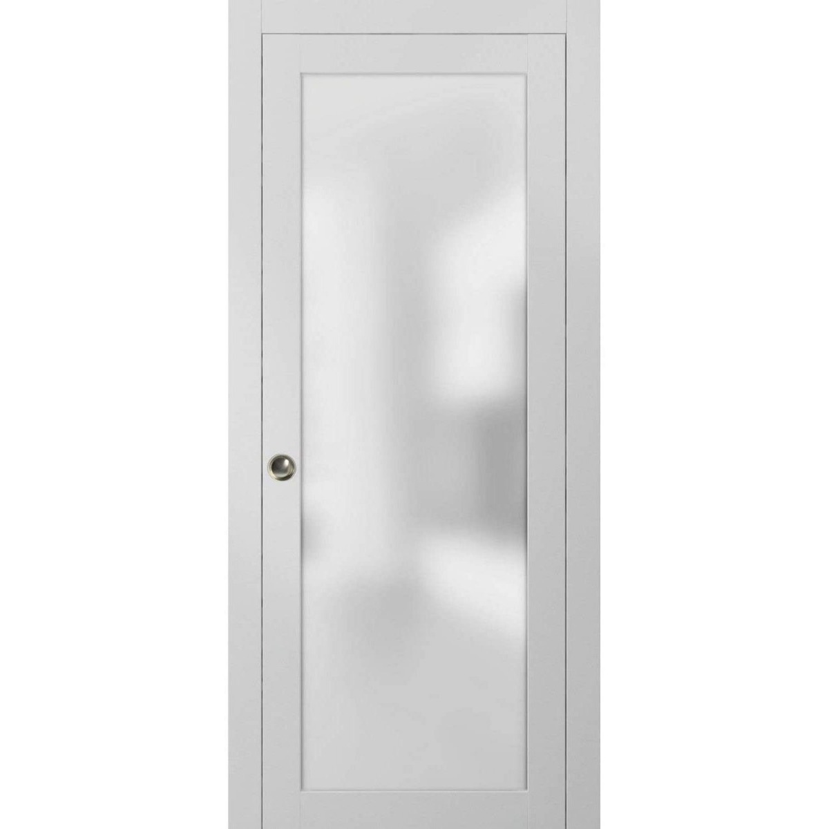 Sliding Pocket Door with Frosted Tempered Glass | Planum 2102 White Silk | Kit Trims Rail Hardware | Solid Wood Interior Bedroom Bathroom Closet Sturdy Doors