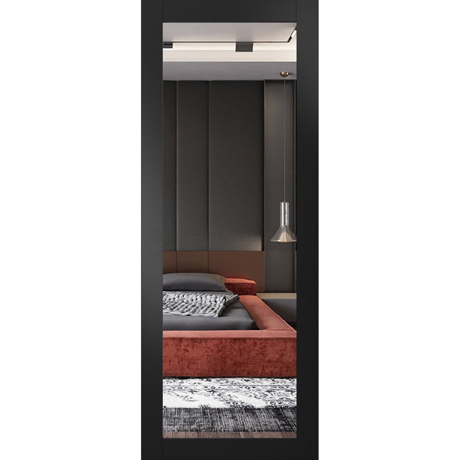 Slab Barn Door Panel | Lucia 1299 Matte Black with Mirror | Sturdy Finished Modern Doors | Pocket Closet Sliding 