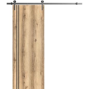 Sliding Barn Door with 6.6ft Hardware | Planum 0016 Oak and Aluminum Strips | Rail Hangers Sturdy Silver Set | Modern Solid Panel Interior Doors