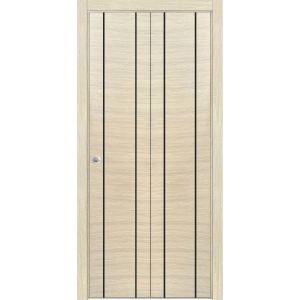 Sliding Closet Bi-fold Doors | Planum 0017 Natural Veneer and Aluminum Strips | Sturdy Tracks Moldings Trims Hardware Set | Wood Solid Bedroom Wardrobe Doors