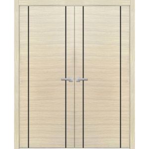 Solid French Double Doors | Planum 0017 Natural Veneer | Wood Solid Panel Frame Trims | Closet Bedroom Sturdy Doors -36" x 80" (2* 18x80)