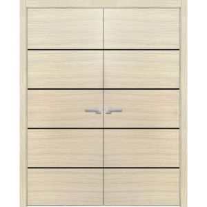 Planum Solid French Double Doors | Planum 0015 Natural Veneer | Wood Solid Panel Frame Trims | Closet Bedroom Sturdy Doors 