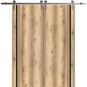 Sliding Double Barn Doors with Hardware | Planum 0011 Oak and Aluminum Strips | Silver 13FT Rail Hangers Sturdy Set | Modern Solid Panel Interior Hall Bedroom Bathroom Door