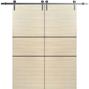 Sliding Double Barn Doors with Hardware | Planum 0014 Natural Veneer | Silver 13FT Rail Hangers Sturdy Set | Modern Solid Panel Interior Hall Bedroom Bathroom Door